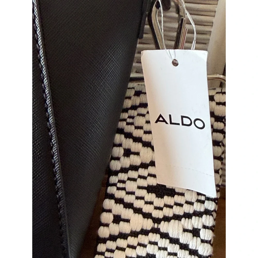 Aldo Black Saffiano Crossbody Bag with Woven Geometric Guitar Strap NEW